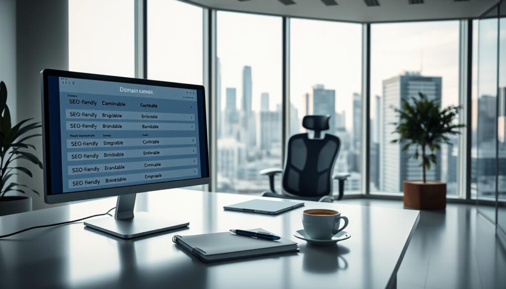 A modern office space with an airy, minimalist aesthetic. In the foreground, a sleek desktop computer displays a list of potential domain names, with keywords like "SEO-friendly" and "brandable" highlighted. In the middle ground, a stylish ergonomic chair and a neatly organized desk surface, complete with a notebook, pen, and a cup of coffee. The background features large windows overlooking a bustling city skyline, bathed in soft, natural lighting. The overall mood is one of focused productivity and a thoughtful approach to online branding.