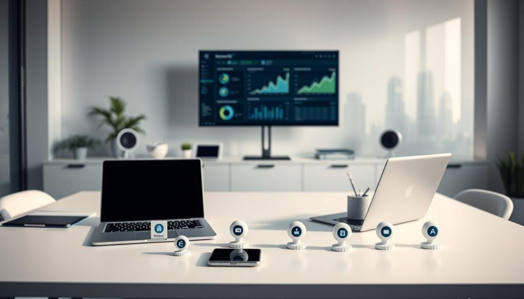 A sleek, modern office space with a minimalist, clean aesthetic. In the foreground, a neatly organized desk showcases various digital marketing tools and software, including a laptop, smartphone, and several carefully selected icons representing popular affiliate marketing plugins and platforms. The middle ground features a large monitor displaying analytics and performance data, while the background subtly depicts the silhouettes of skyscrapers, hinting at the global reach and scale of the affiliate marketing industry. Soft, directional lighting casts a warm, professional glow, and the overall composition conveys a sense of efficiency, productivity, and the cutting-edge technology that empowers successful affiliate marketers.