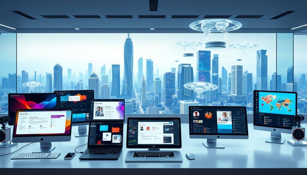 An expansive digital workspace showcasing a variety of content creation tools for 2025. In the foreground, state-of-the-art AI-powered writing assistants, design suites, and multimedia editors arranged in a sleek, minimalist layout. Vibrant color accents and intuitive user interfaces convey the advanced capabilities of these futuristic solutions. In the middle ground, innovative virtual collaboration platforms and cloud-based workflow management tools facilitate seamless teamwork. The background features a futuristic cityscape with towering skyscrapers, floating holographic displays, and a clean, high-tech aesthetic, symbolizing the rapid technological progress transforming the content creation landscape.