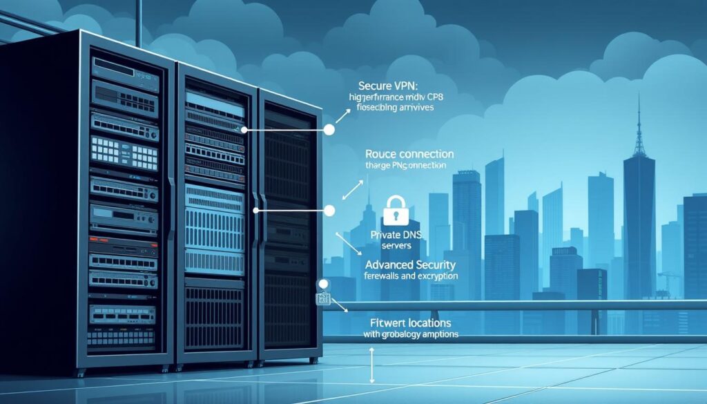 High-quality, detailed digital illustration of the key features of a Private Blog Network (PBN) hosting service. The foreground depicts a server rack with various modular components, such as high-performance CPUs, large storage arrays, and robust networking equipment. The middle ground showcases a secure VPN connection, private DNS servers, and advanced security measures like firewalls and encryption. In the background, there is a cityscape with skyscrapers, representing the global infrastructure and server locations of the PBN hosting provider. The overall atmosphere conveys a sense of advanced technology, strict privacy, and reliable performance, suitable for hosting a private blog network. Lighting is dramatic, with a cool color palette and sharp shadows to highlight the technical details.